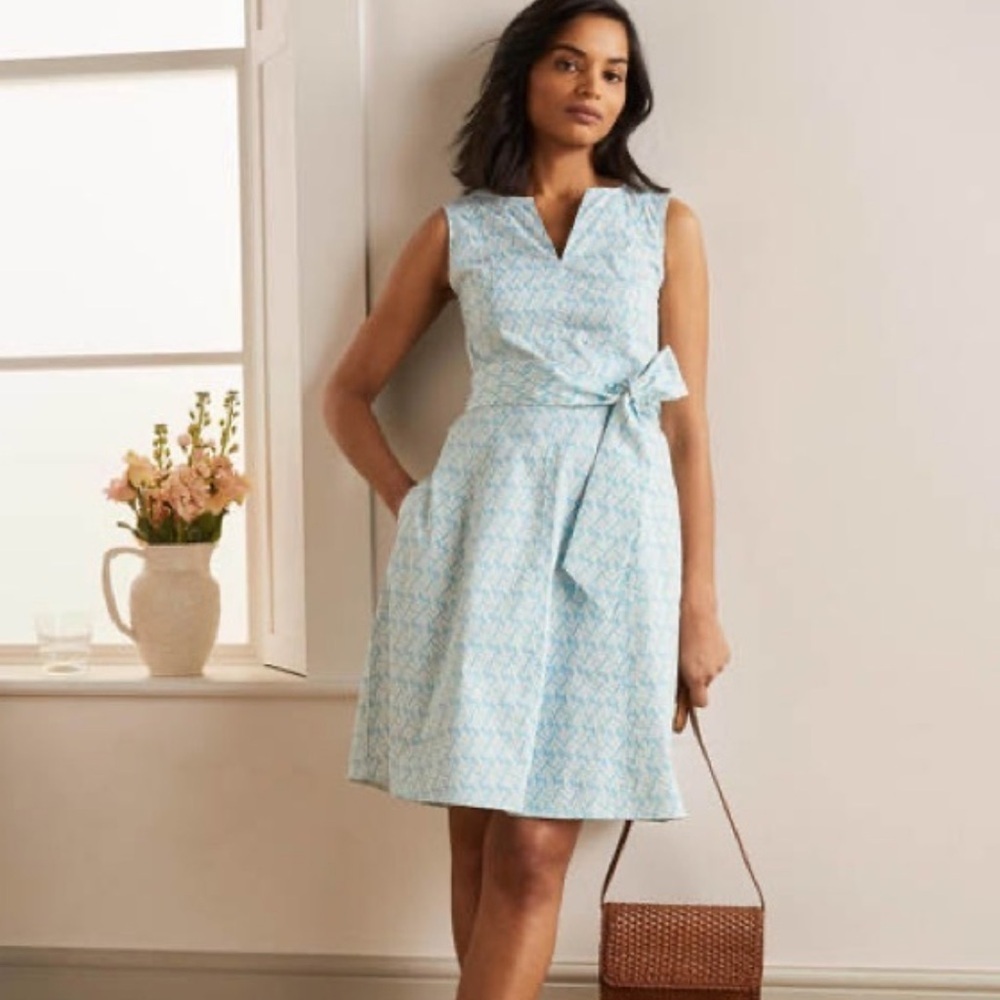 Boden Mischa Aqua Blue White Cotton Sleeveless Fit Flare Dress Size 10